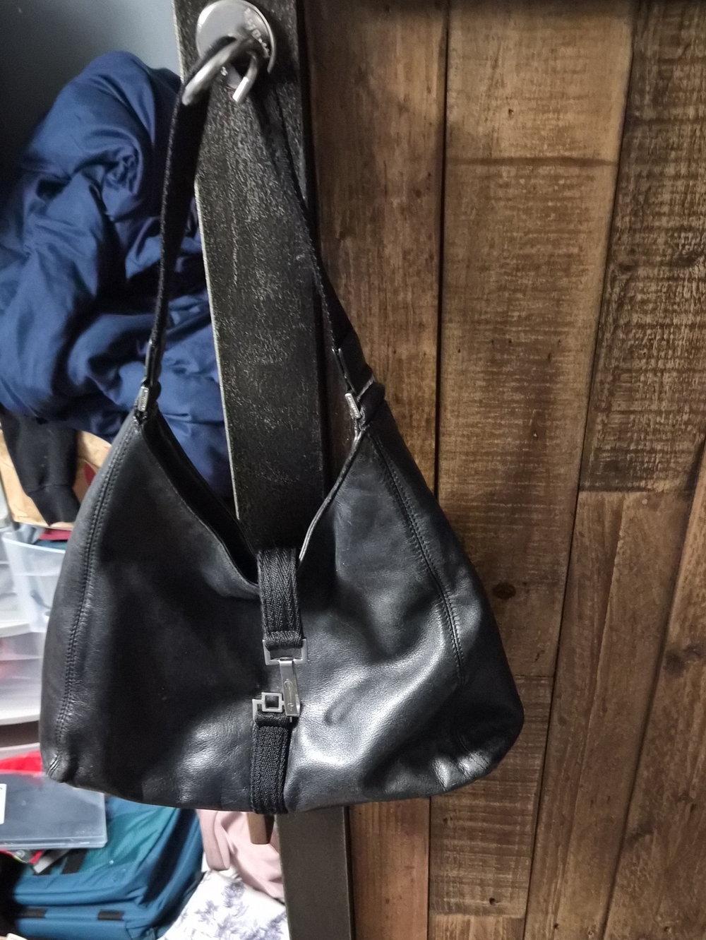 Cole Haan Black Leather Shoulder Bag with Front Strap Detail